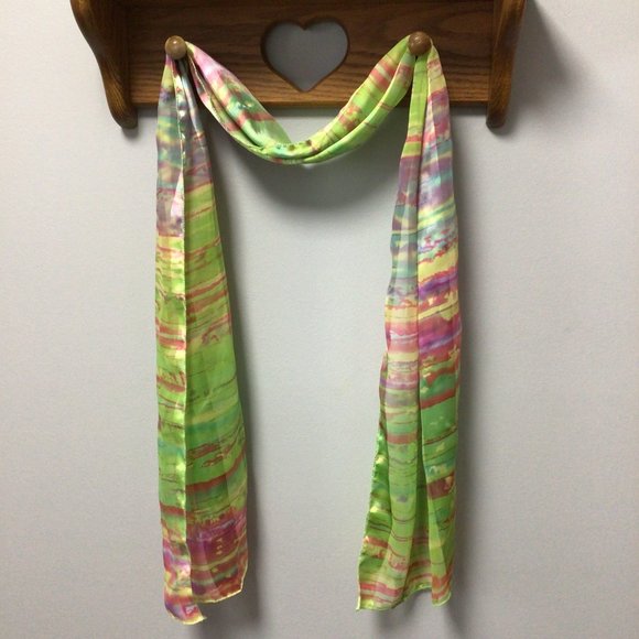 Accessories - Multi-color pastel silk-feel scarf; green, pink, purple, blue and yellow